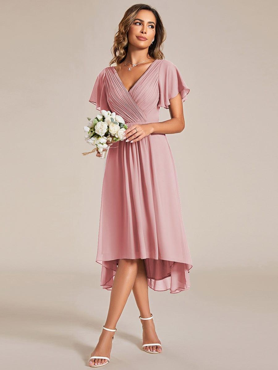 Chiffon Hoch-Tief Hochzeitsgastkleid mit V-Ausschnitt und kurzen Ärmeln 126
