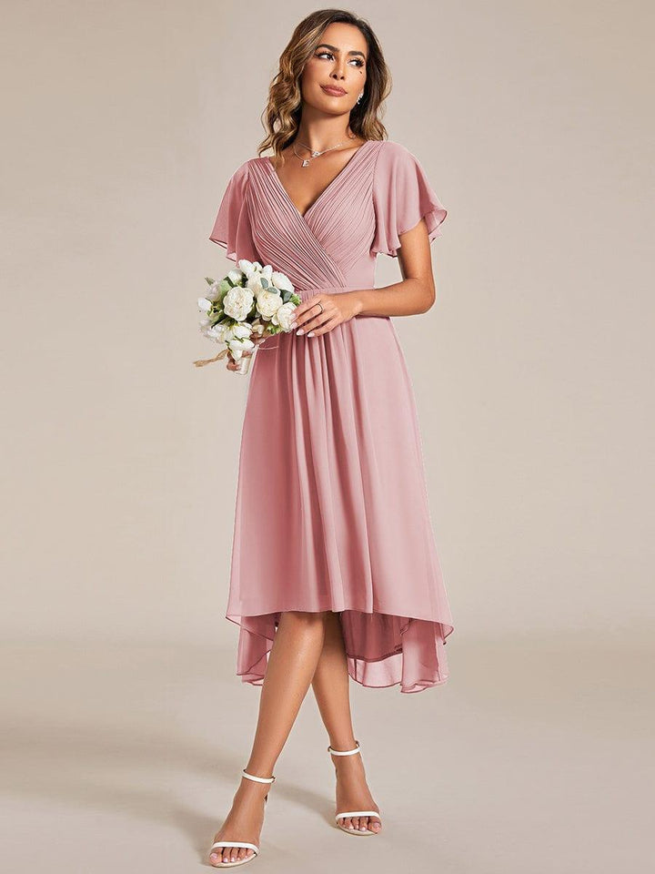 Chiffon Hoch-Tief Hochzeitsgastkleid mit V-Ausschnitt und kurzen Ärmeln 126