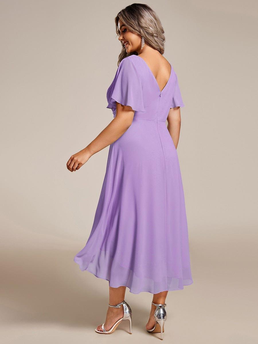 Chiffon Hoch-Tief Hochzeitsgastkleid mit V-Ausschnitt und kurzen Ärmeln 106