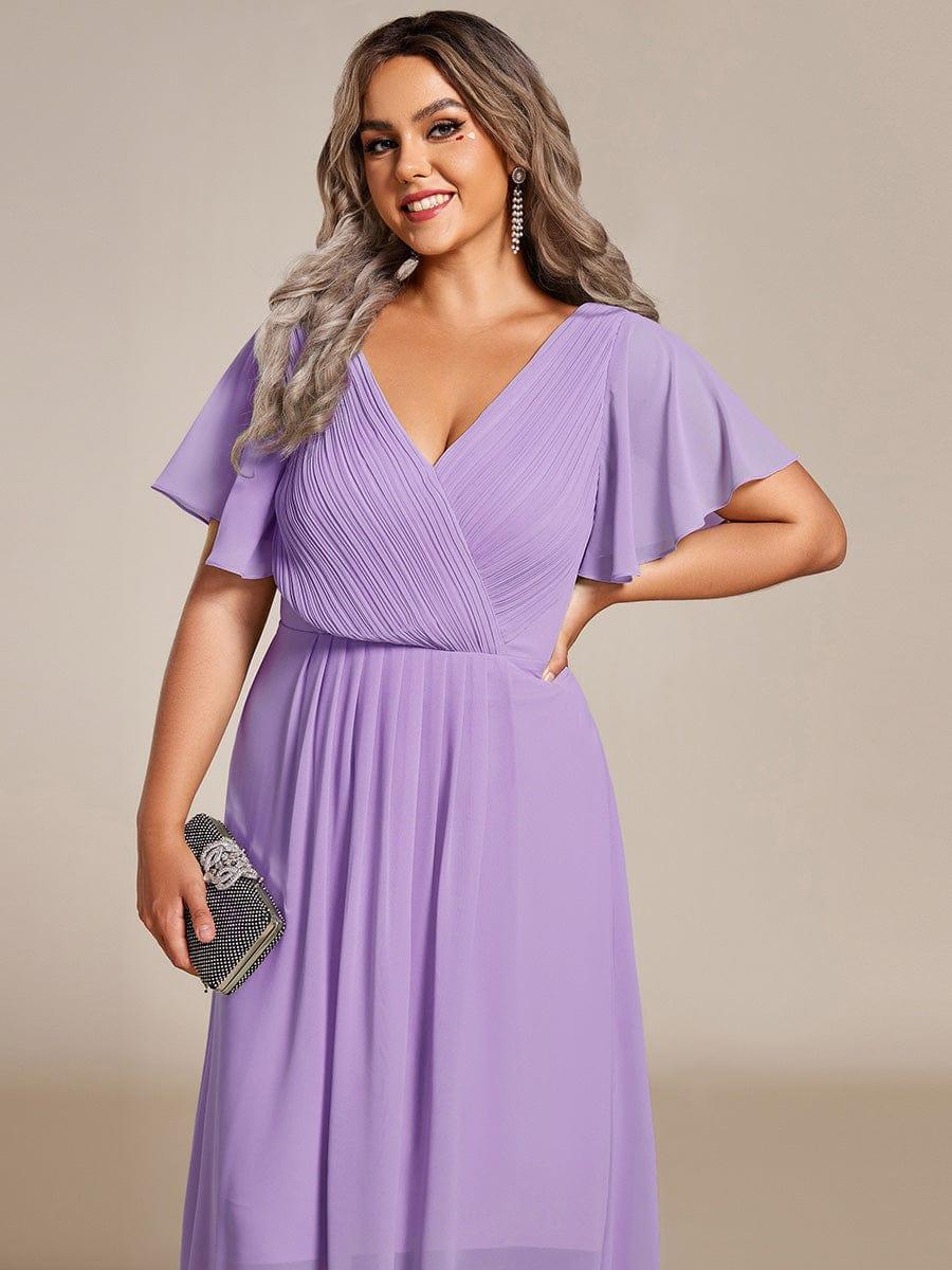 Chiffon Hoch-Tief Hochzeitsgastkleid mit V-Ausschnitt und kurzen Ärmeln 107
