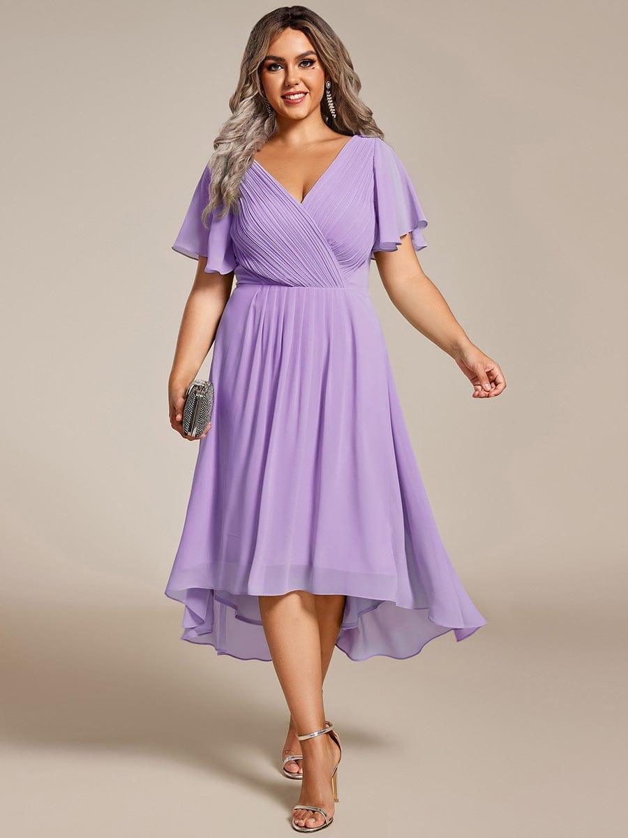 Chiffon Hoch-Tief Hochzeitsgastkleid mit V-Ausschnitt und kurzen Ärmeln 105