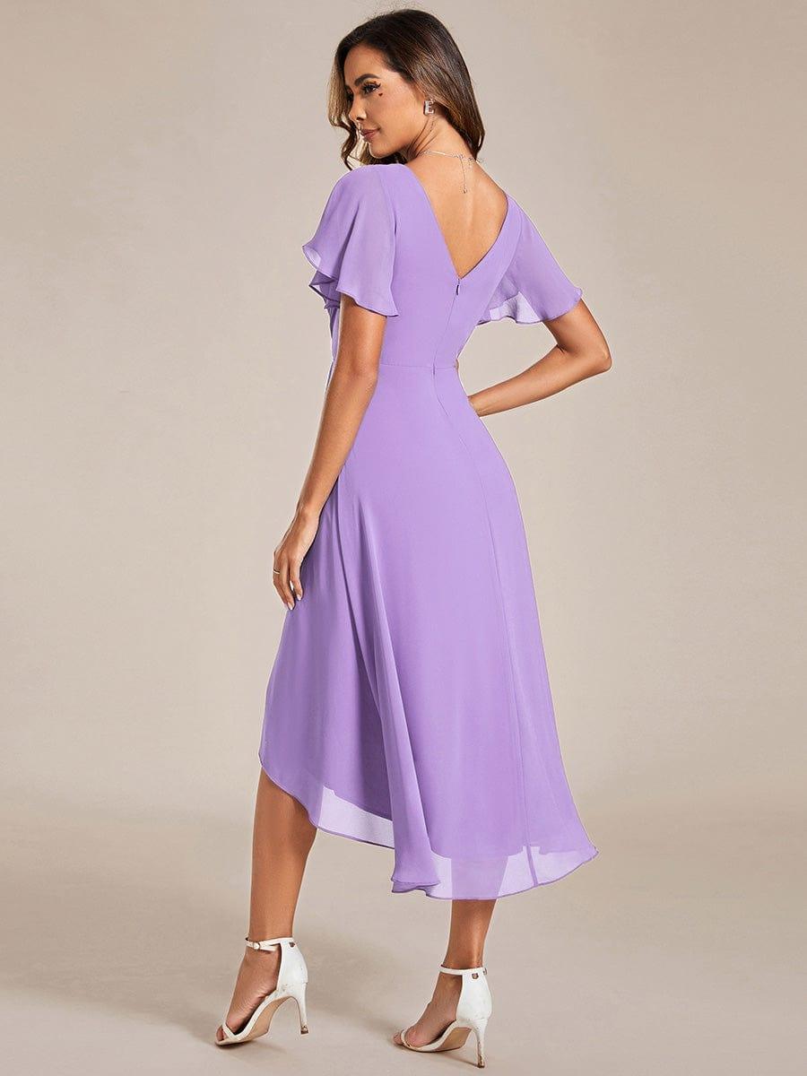 Chiffon Hoch-Tief Hochzeitsgastkleid mit V-Ausschnitt und kurzen Ärmeln 101