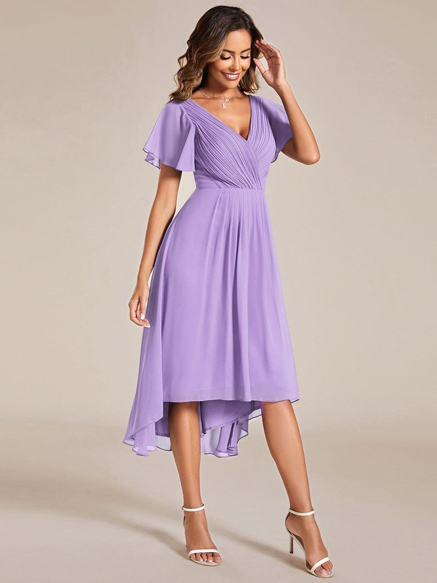Chiffon Hoch-Tief Hochzeitsgastkleid mit V-Ausschnitt und kurzen Ärmeln 104