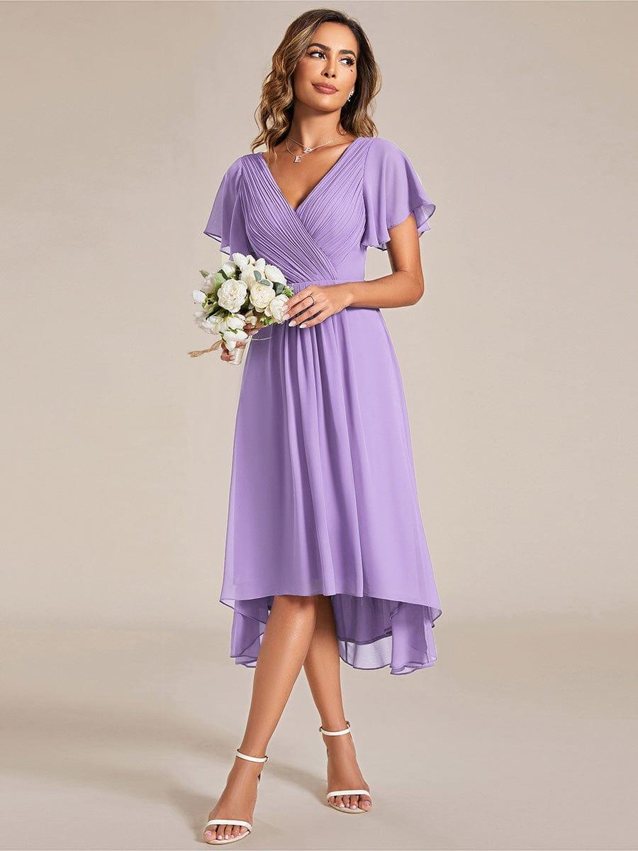 Chiffon Hoch-Tief Hochzeitsgastkleid mit V-Ausschnitt und kurzen Ärmeln 102