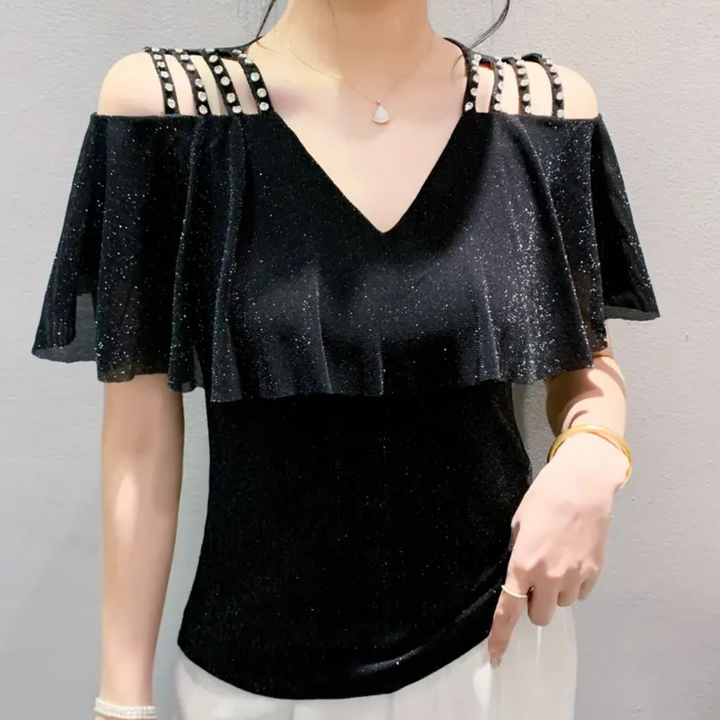 Schwarzes schulterfreies Top mit Glitzer, Perlenverzierung, V-Ausschnitt, Damenmode.