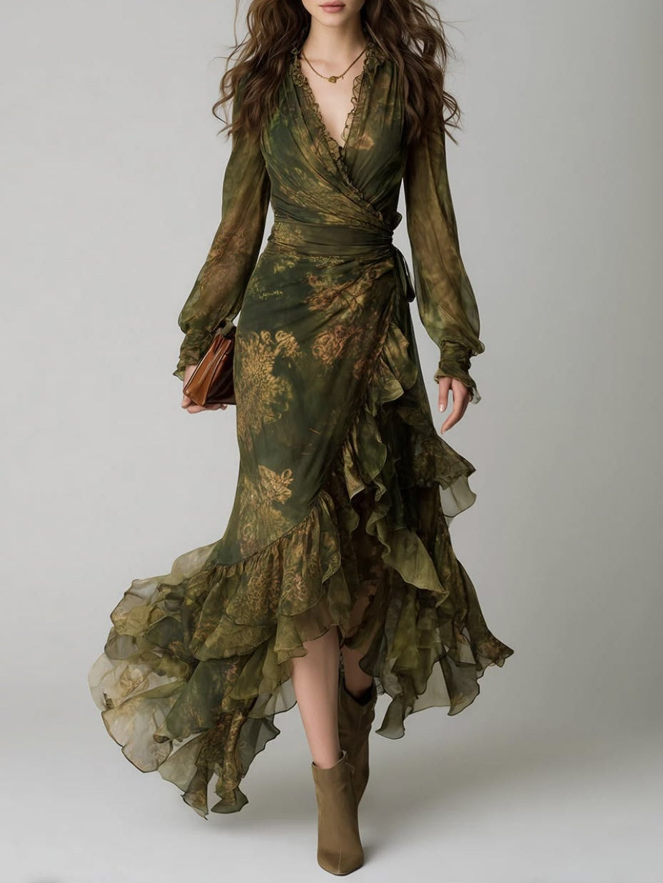 Frau in grünem Wickelkleid mit goldenem Muster, langen Chiffonärmeln und Rüschensaum, dazu olivfarbene Stiefeletten und braune Clutch, Ganzkörperansicht von vor 1