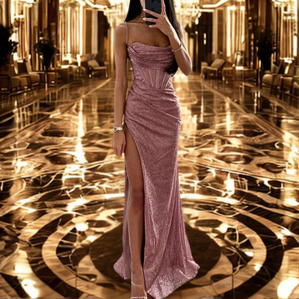 Elegant sateng-kveldsdress med hjerteutringning – Aurora