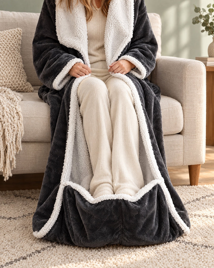Nahaufnahme auf dem Sofa: Die Füße einer sitzenden Person stecken in der Fußtasche am unteren Ende des Überwurfs. 5