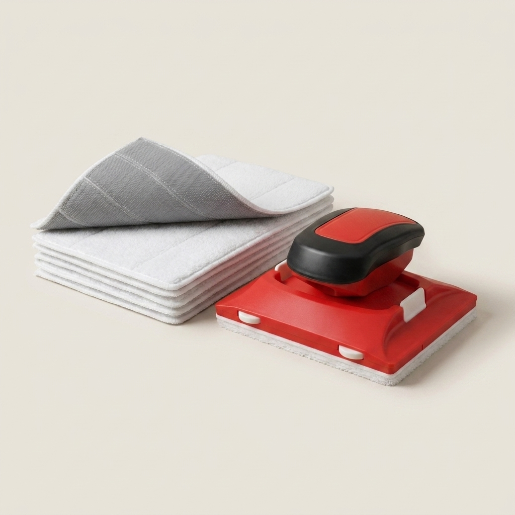 Gestapelte weiße Ersatzpads mit umgeschlagener grauer Klettseite neben dem roten Farbkantenwerkzeug mit schwarzem Griff auf hellem Hintergrund. 1