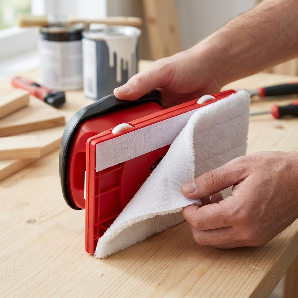 Hände befestigen ein weißes Ersatzpad am Klettstreifen der roten Werkzeugunterseite, im Hintergrund Farbdosen und Werkzeug auf einem Holztisch. 3