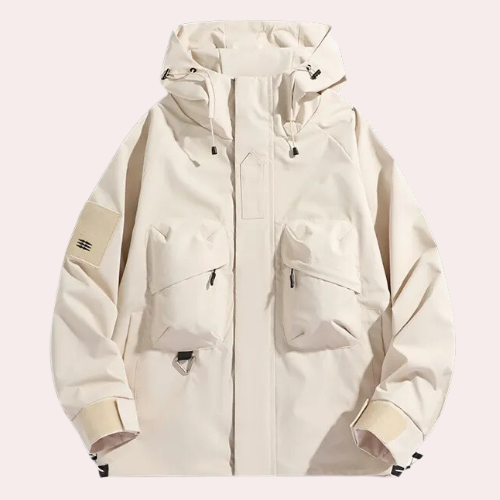 Weiße Outdoor-Jacke mit Kapuze, zwei Fronttaschen, Reißverschluss, wasserabweisend.