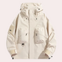 Weiße Outdoor-Jacke mit Kapuze, zwei Fronttaschen, Reißverschluss, wasserabweisend.
