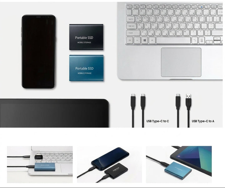 Flat Lay mit zwei SSDs, Smartphone, Laptop, zwei USB-C-Kabeln und drei kleinen Anschlussbeispielen am Laptop, Handy und 5