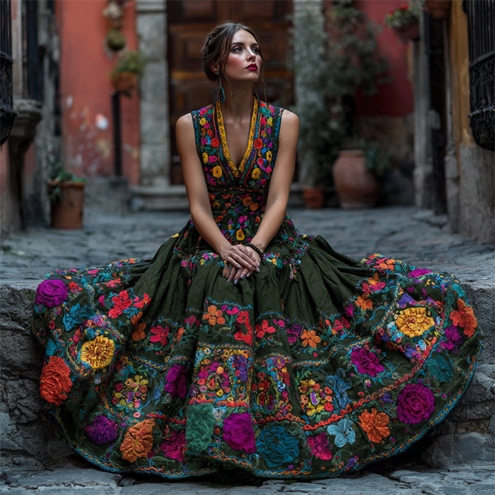 Das florale Maxikleid in dunklem Olivgrün mit leuchtender Blumenstickerei, getragen von einer Frau, die auf einer Steinstufe sitzt. 4