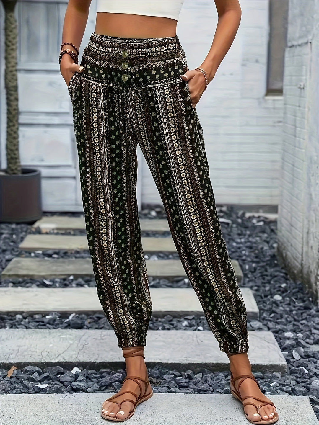 Boho High-Waist Women's Pants with Print & Smocked Waist – Linara