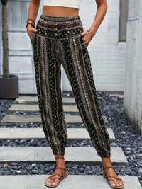 Boho High-Waist Women's Pants with Print & Smocked Waist – Linara