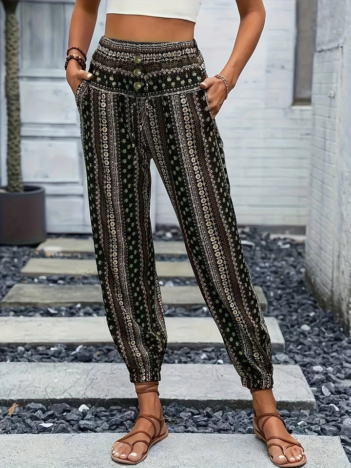 Boho High-Waist Women's Pants with Print & Smocked Waist – Linara