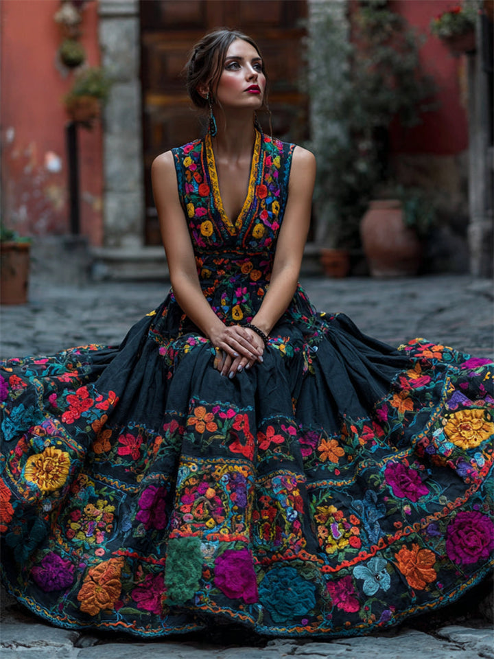 Frau sitzt auf Kopfsteinpflaster in schwarzem, ärmellosem Kleid mit bunter Blumenstickerei und weit ausgebreitetem Rock, Hochformat. 1