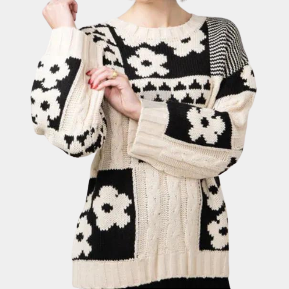 Damenpullover mit Blumenmuster, schwarz-weiß, Strick, langärmelig, modisch, gemütlich.