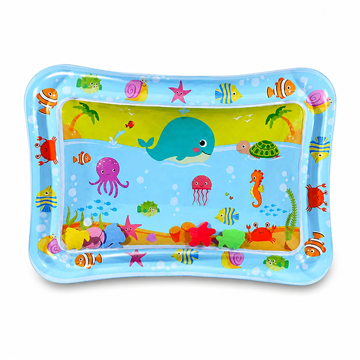 Rechteckige hellblaue Wassermatte von oben, mit Wal, Oktopus, Schildkröte und Krebsen bedruckt, innen mit bunten schwimmenden Figuren. 7