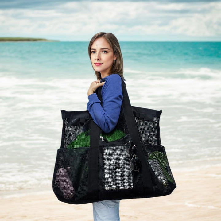Buy 1, Get 1 FREE – Extra Large Transparent Mesh Beach Bag with 8 Pockets – ClearWave