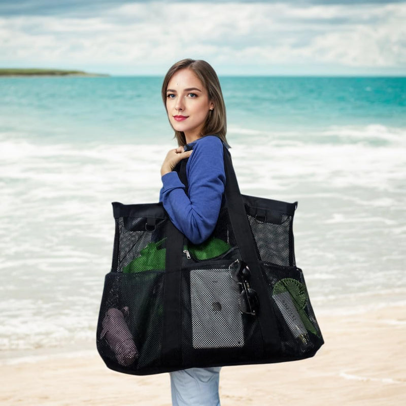 Buy 1, Get 1 FREE – Extra Large Transparent Mesh Beach Bag with 8 Pockets – ClearWave