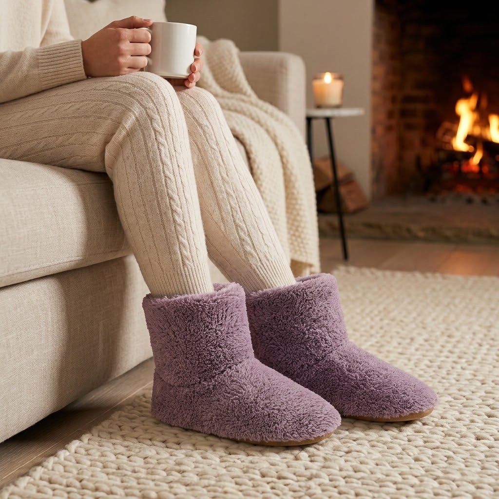 Person in cremefarbener Strickhose hält auf dem Sofa eine Tasse und trägt flauschige lila Plüsch-Hausschuhe vor einem Kamin. 2