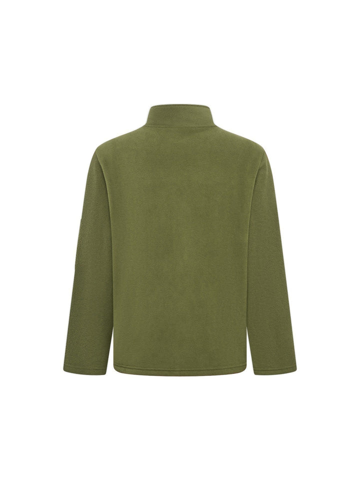 Rückansicht der olivgrünen Fleecejacke mit Stehkragen, glattem Rückenteil und langen Ärmeln. 9