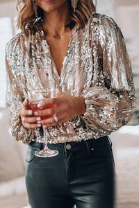 Sparkling & Stylish Women's Glitter V-Neck Long Sleeve Top – Naya