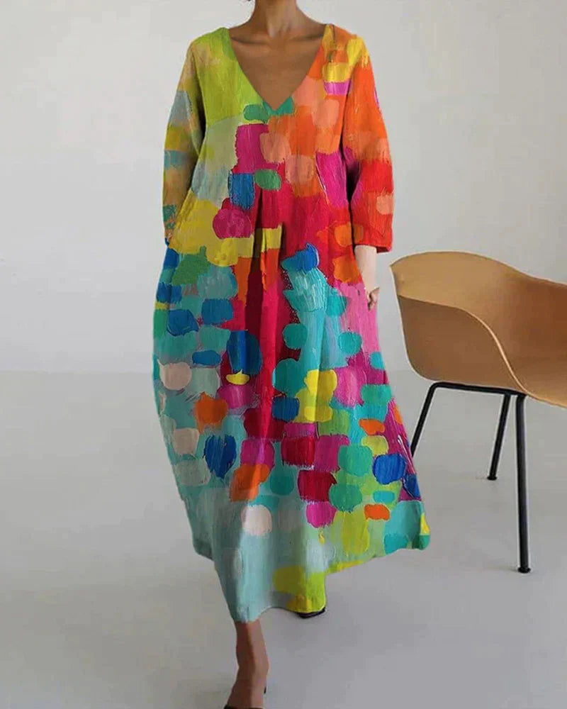 Colorful Printed Dress with V-Neck - Kim
