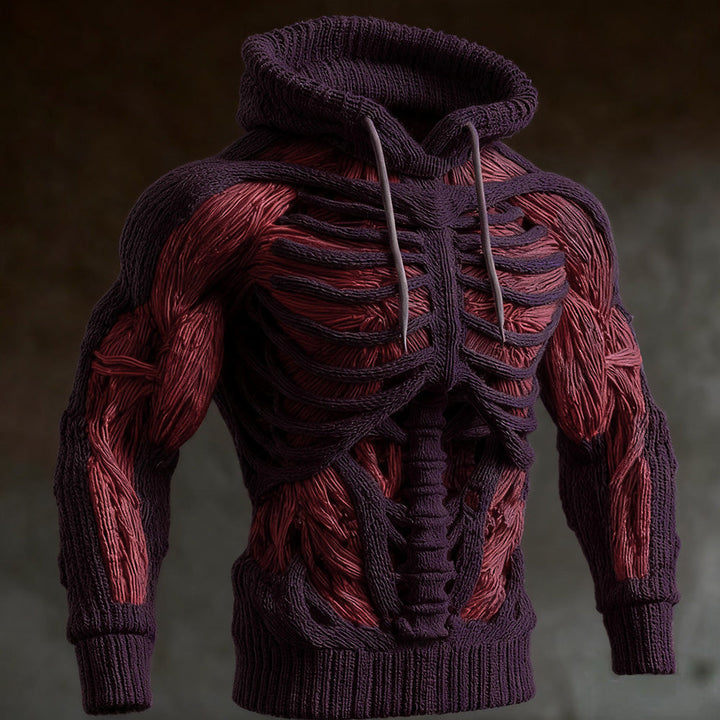 Strickhoodie in dunklem Violett mit erhabenem Rippenkäfig und roten Muskelpartien, die Kordeln der Kapuze sind hellgrau abgesetzt. 4