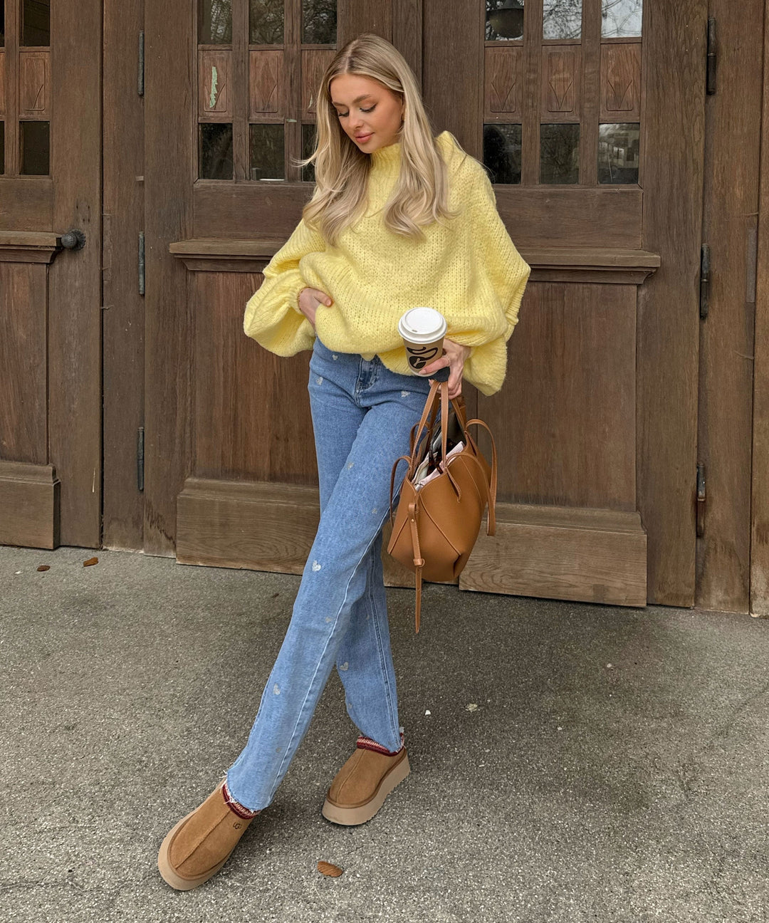 Dame stretchjeans med vide ben og hjerteprint - Amelie
