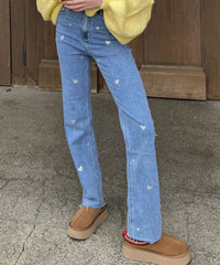 Dame stretchjeans med vide ben og hjerteprint - Amelie