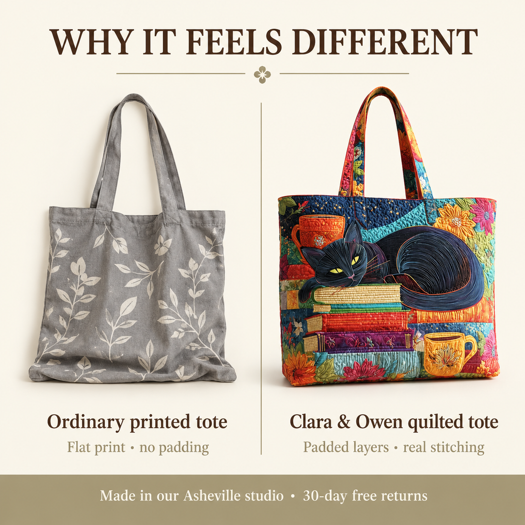 Vergleichsgrafik: links eine graue Stofftasche mit Blättermuster, rechts die gepolsterte Steppasche mit Katze, Büchern und Tassen. 4
