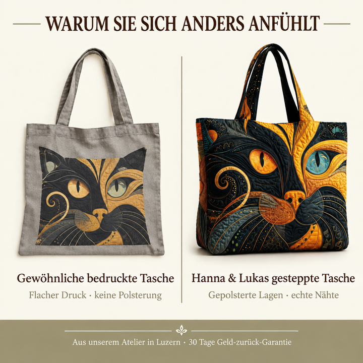 Vergleichsbild: links flach bedruckte Stofftasche, rechts gesteppte Tasche mit gepolsterten Lagen und Katzenmotiv 5