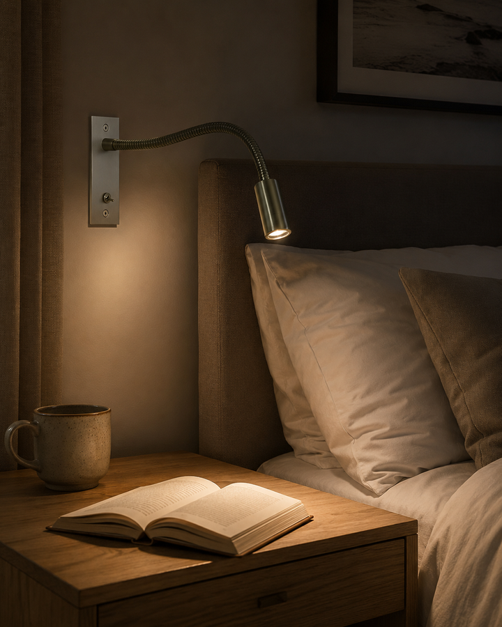 Lampe in Nickel-Optik am Bett bei gedimmtem Licht, sie beleuchtet Kopfkissen, davor ein aufgeschlagenes Buch und eine Tasse. 8