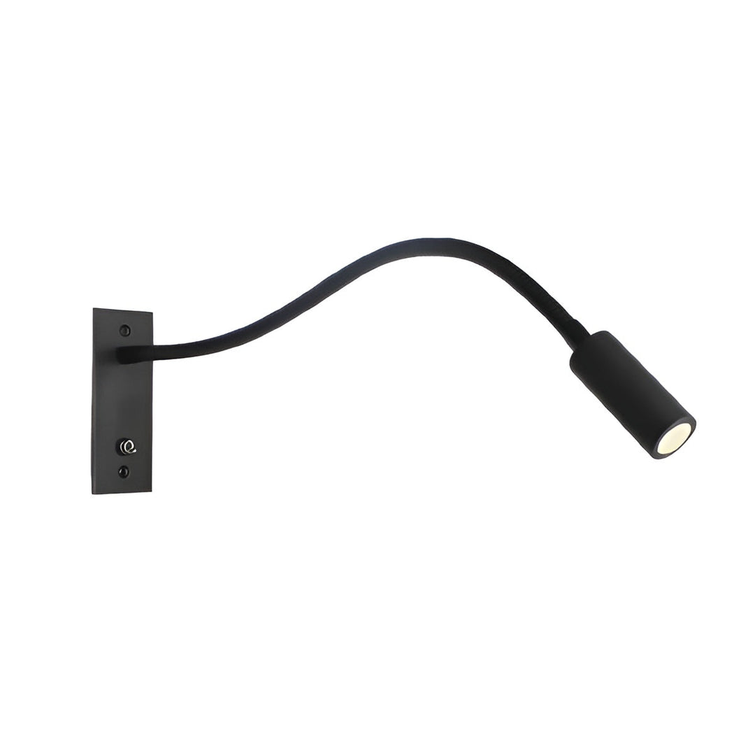 Schwarze Wandlampe mit rechteckiger Wandplatte, Kippschalter und biegsamem Schwanenhals, freigestellt auf weißem Hintergrund. 1