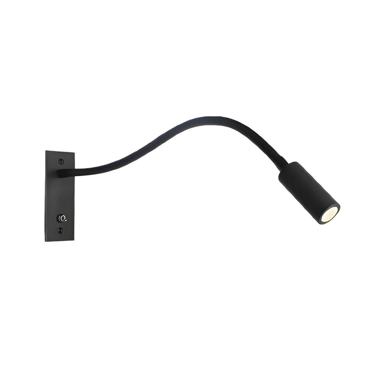 Schwarze Wandlampe mit rechteckiger Wandplatte, Kippschalter und biegsamem Schwanenhals, freigestellt auf weißem Hintergrund. 1