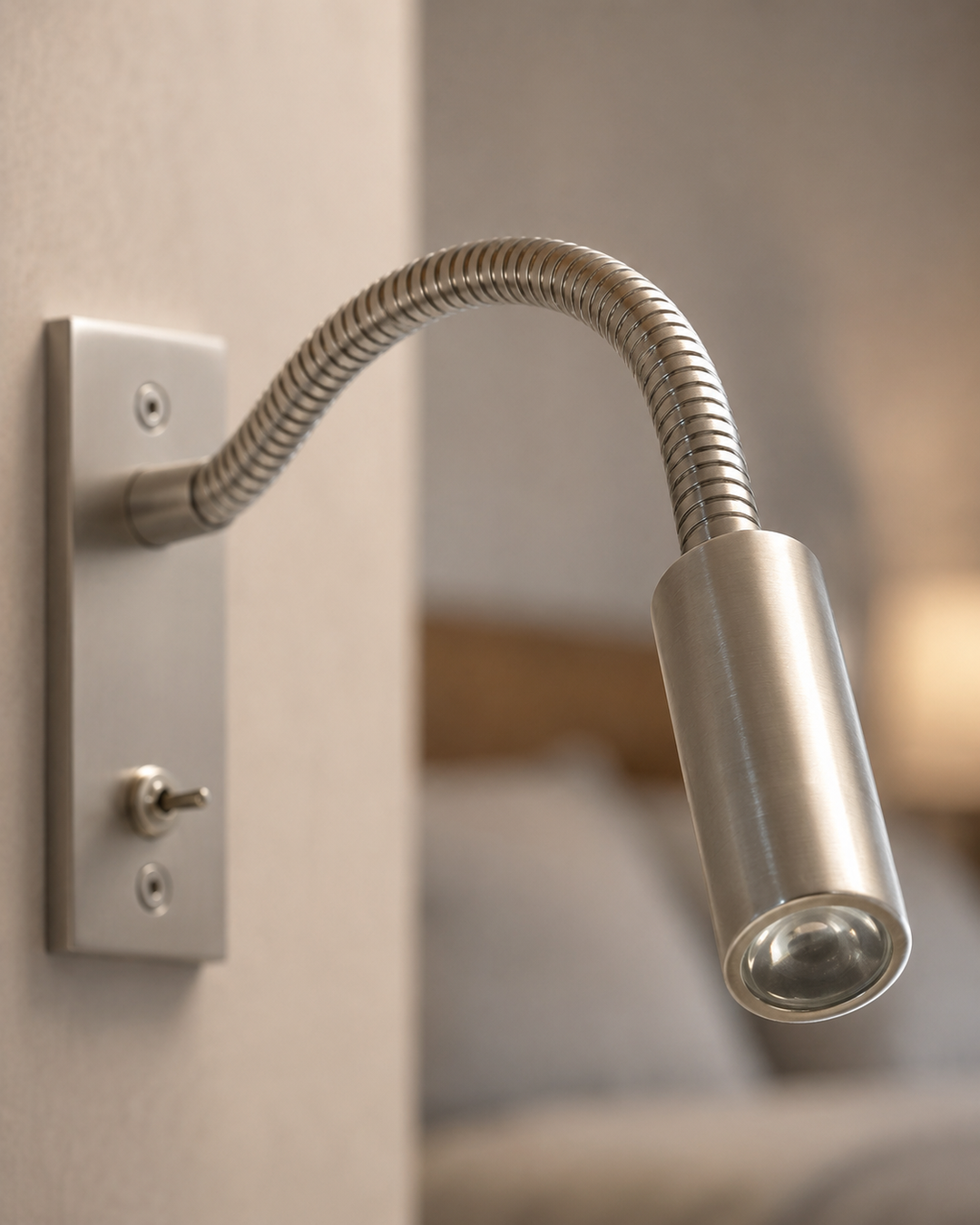 Detailaufnahme der Lampe in Nickel-Optik: Wandplatte mit Kippschalter, gewellter Schwanenhals und zylindrischer Lampenkopf. 7