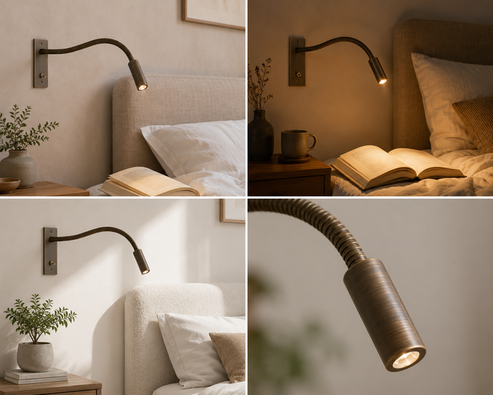 Vierfach-Collage der Lampe in bronzefarbener Ausführung: Schlafzimmerszenen mit Buch und Kopfteil sowie Detail des Lampenkopfs. 5
