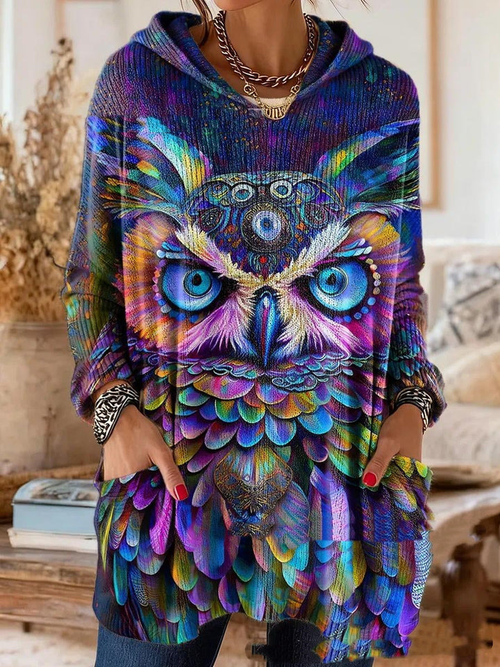 Getragene Kapuzentunika mit großem, buntem Eulenmotiv in Blau, Violett und Grün auf der Vorderseite, Hände in den Taschen. 3