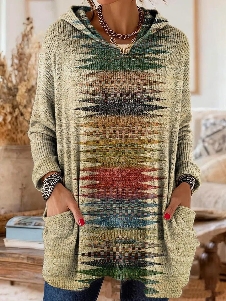 Getragene Kapuzentunika in Beige mit mehrfarbigem, zackigem Farbverlaufsmuster in Grün, Rot und Blau mittig auf der Vorderseite. 5