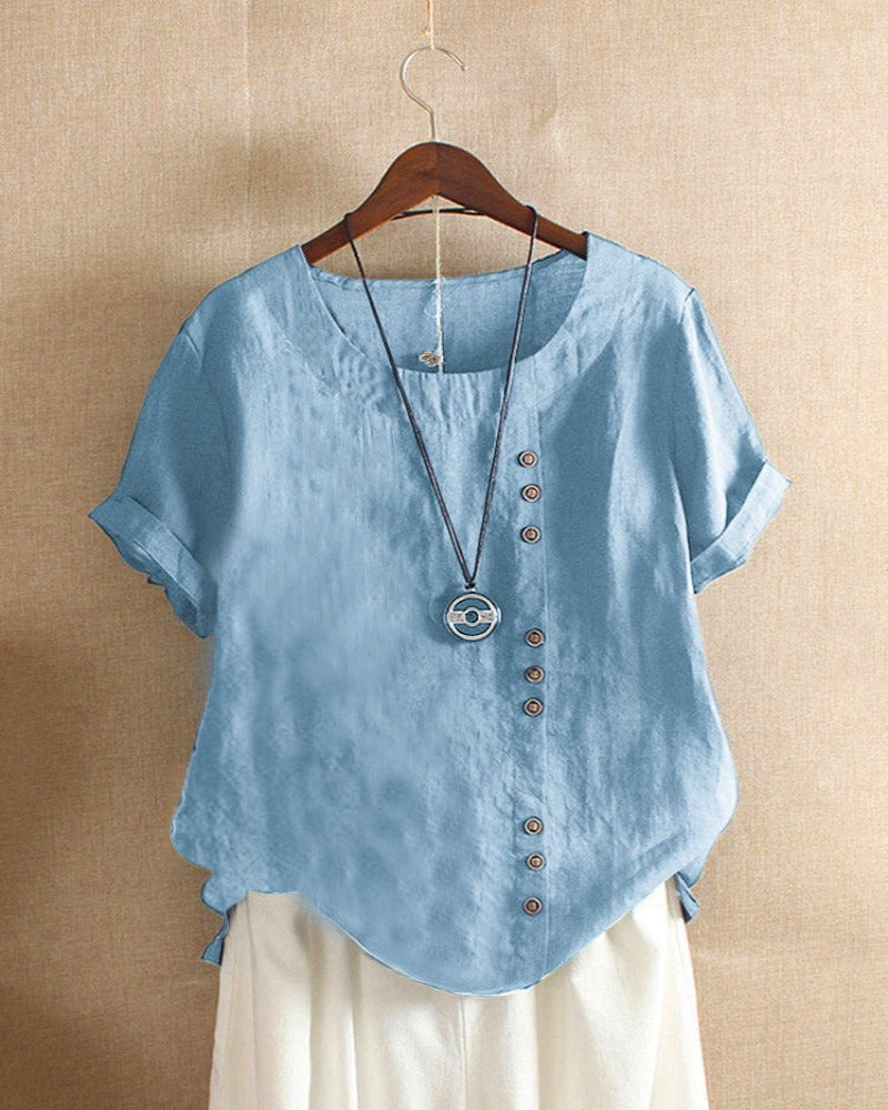 Casual short-sleeve blouse with round neckline – Nora