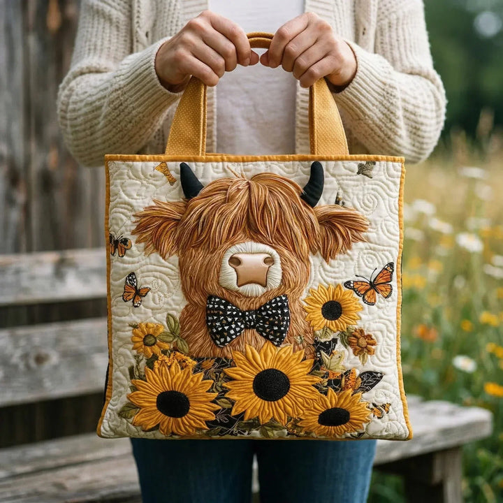 Eine Person im cremefarbenen Strickcardigan hält die gesteppte Tasche mit Highland-Rind und Sonnenblumen an den gelben Henkeln vor sich. 2