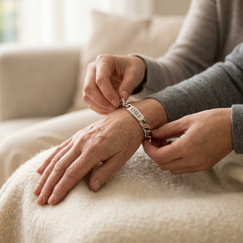 Eine Person legt einer älteren Frau das silberfarbene Armband mit graviertem Mittelstück um das Handgelenk, auf einem Sofa mit Decke. 3