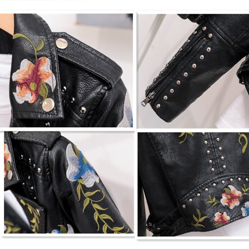 Brodert dames kunstskinnjakke i bikerstil – Eleonora