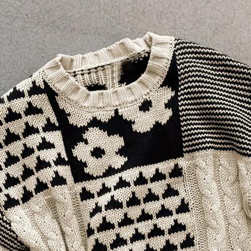 Schwarz-weißer Strickpullover mit Blumenmuster, grob gestrickt, Unisex, Baumwolle.