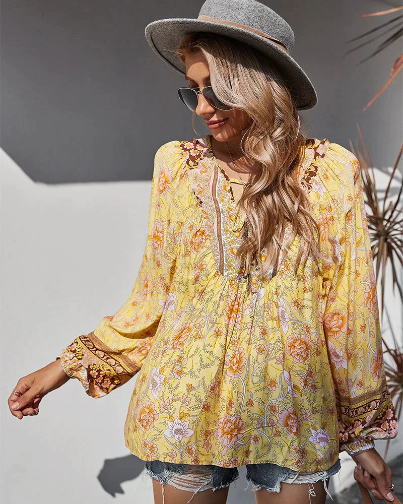 Vintage boheme sommerbluse med blomsterprint og lange ærmer – Sana