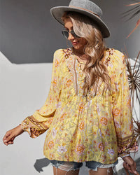 Vintage boheme sommerbluse med blomsterprint og lange ærmer – Sana