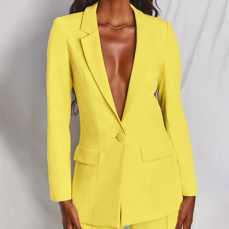 Gelber Damenblazer, tailliert, elegantes Design, modisch, Business-Outfit, Langarm.